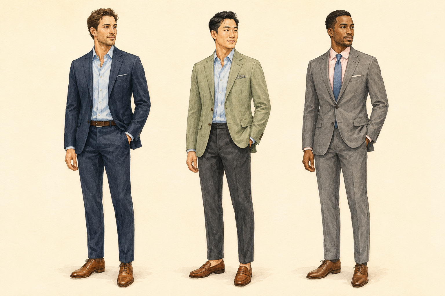 Illustrated semi-formal outfit examples: a navy suit, a sage sport coat with charcoal dress trousers, and a gray suit with a tie, all with leather dress shoes.