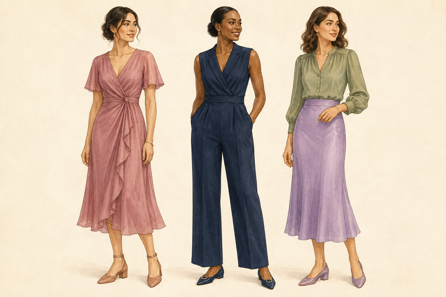 Illustrated semi-formal outfit examples: a rose midi dress with block heels, a navy jumpsuit with flats, and a sage blouse with a lavender skirt.